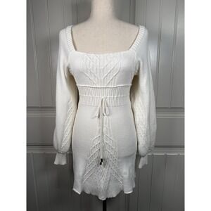 Free People Sweater Dress Womens Extra Small White Knit Puff Sleeve Cutout Boho
